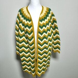 Vintage 70s Crochet Chevron Open Front Cardigan Green Yellow Cream Size M/L OOAK